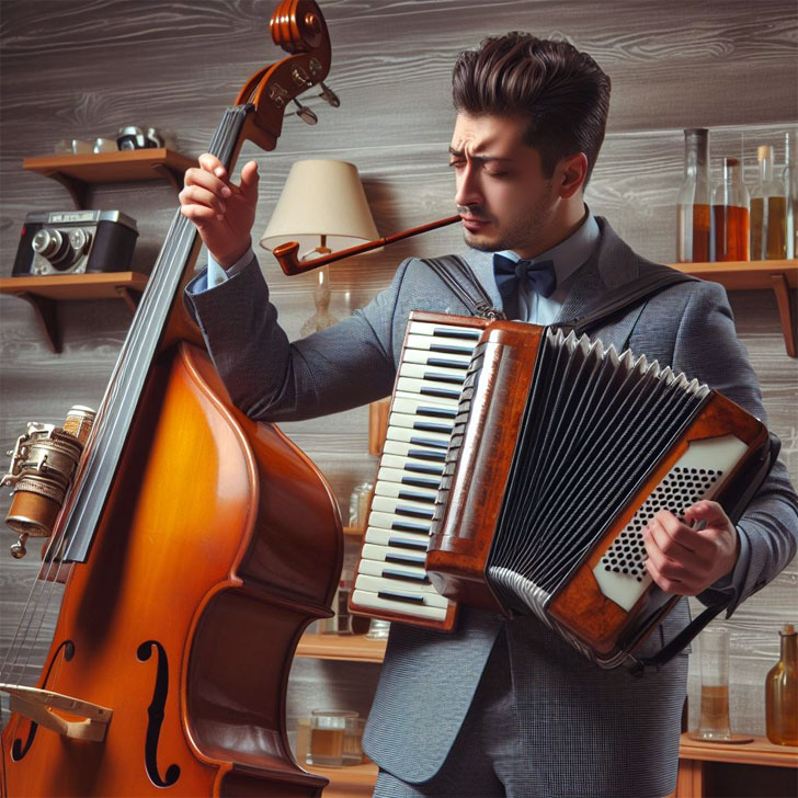 アコーディオンを弾きながらウッドベースで流行歌を歌う男!